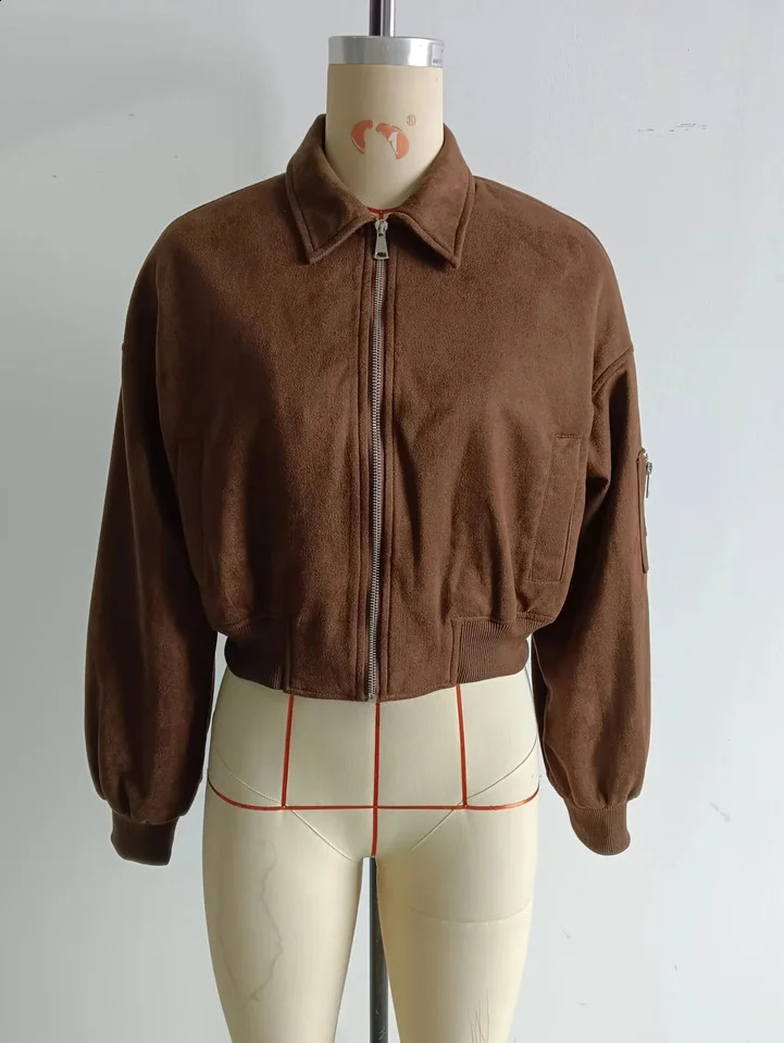 HH Female High Street Suede Bomber Jacket 2025 Autumn Long Sleeve Zipper Vintage Solid Lapel With Pockets Trendy Coats 251018