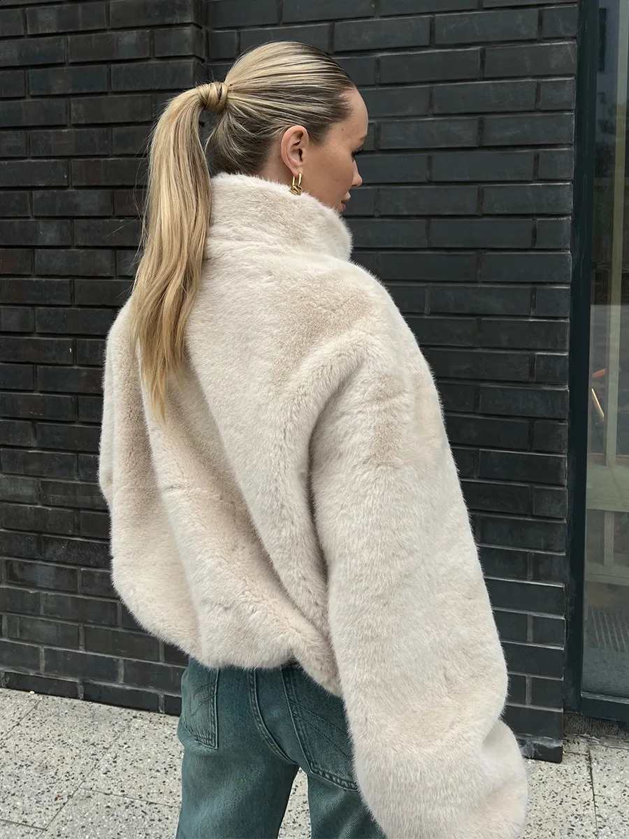 Bornladies Womens Faux Fur Jacket Zipper Warm Plush Coat Oversized Soft Fluffy Stand Up Collar Autumn Winter Casual 251022