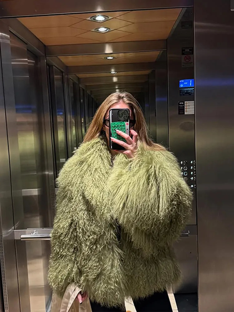 Women Casual Green Fur Jacket Chic Collar Loose Winter Lady Daily Fashionable Commuting Street Outerwear 251021
