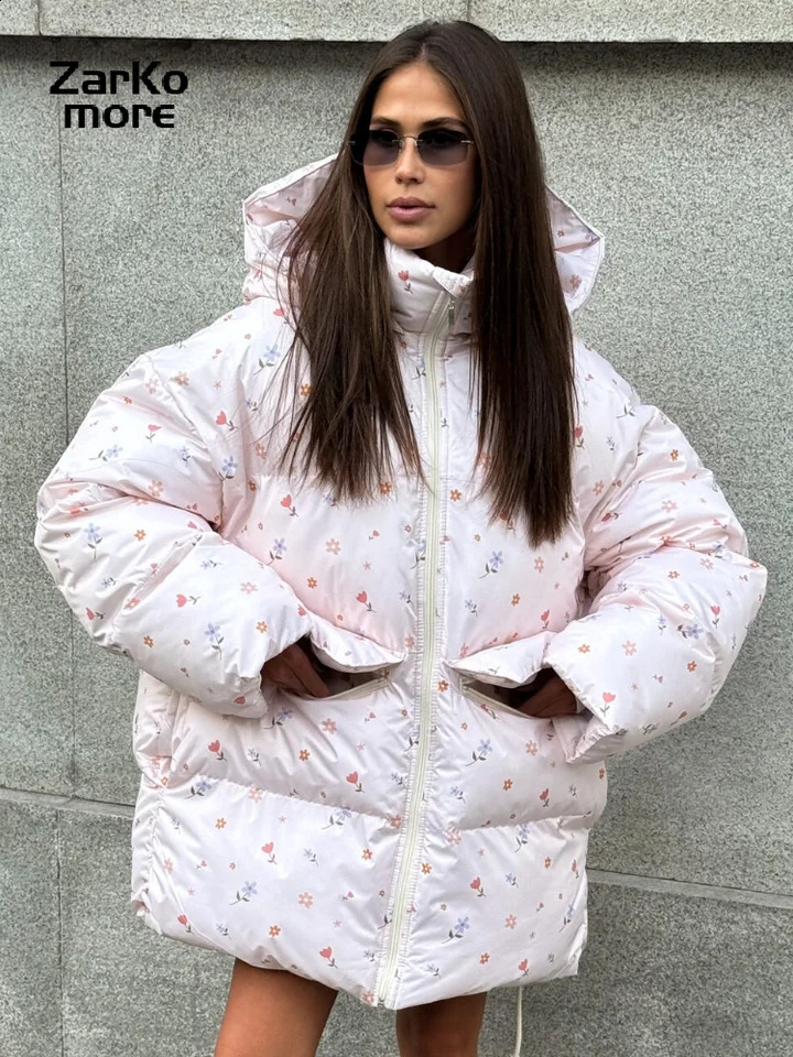 Fashion Printed Zipper Hooded Cotton Jacket Women Stand Collar Full Sleeve Loose Street Warm Coats Winter Lady Chic Outwear 251021