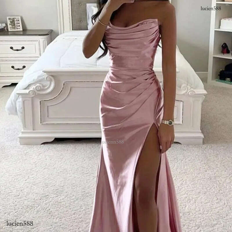 Casual Dresses Sexy Backless Satin Banquet Prom Dress Women Summer Elegant Off Shoulder Ruched Bodycon Evening Party Female Pink Vestidos