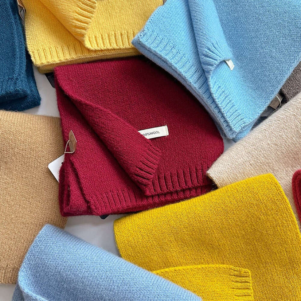100% Pure Wool Knitted Scarf for Men Women, Autumn and Winter Versatile, Oversized, Thickened, Warm, Solid Color, Korean Style Cashmere Neck Warmer