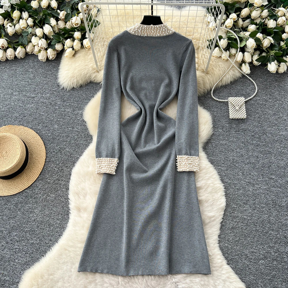 YuooMuoo Fashion Autumn Winter Women Knitted Long Dress y Pearls Oneck Aline Sweater Office Lady Vestido 251022