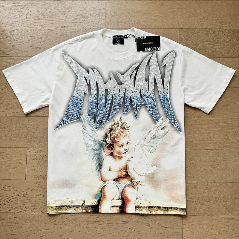 High Street Fashion Angel Print Drill Streetwear MIXED EMOTION Tshirt Men Women Loose Casual Round Neck Short Sleeve 251020
