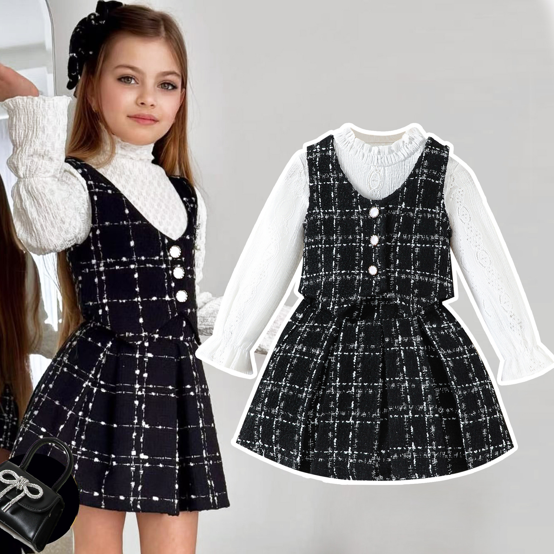 European and American Spring and Autumn Girls' Set Designer Fashionable Suitable for Young Girls Solid Color Lace Inner Wear Tank Top Folded Skir