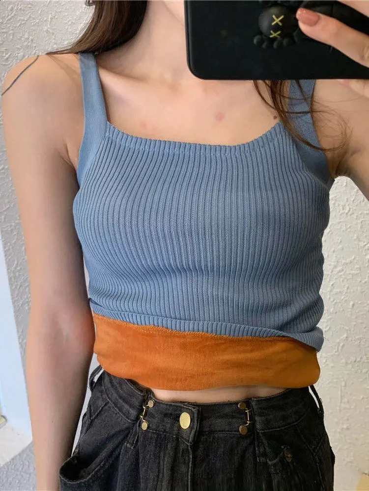 Autumn Winter Fleece Knit Tank Tops Women Thin Strap Sleeveless TShirt Female Backless Basic Tops Camis Lady Casual Solid color 251023