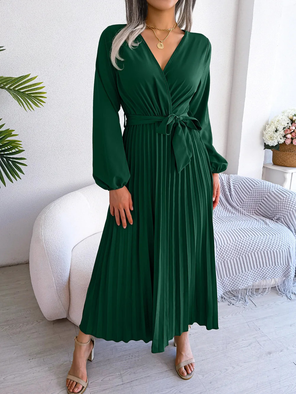 Women Elegant V Neck Long Sleeve Pleated Maxi Dress 251022
