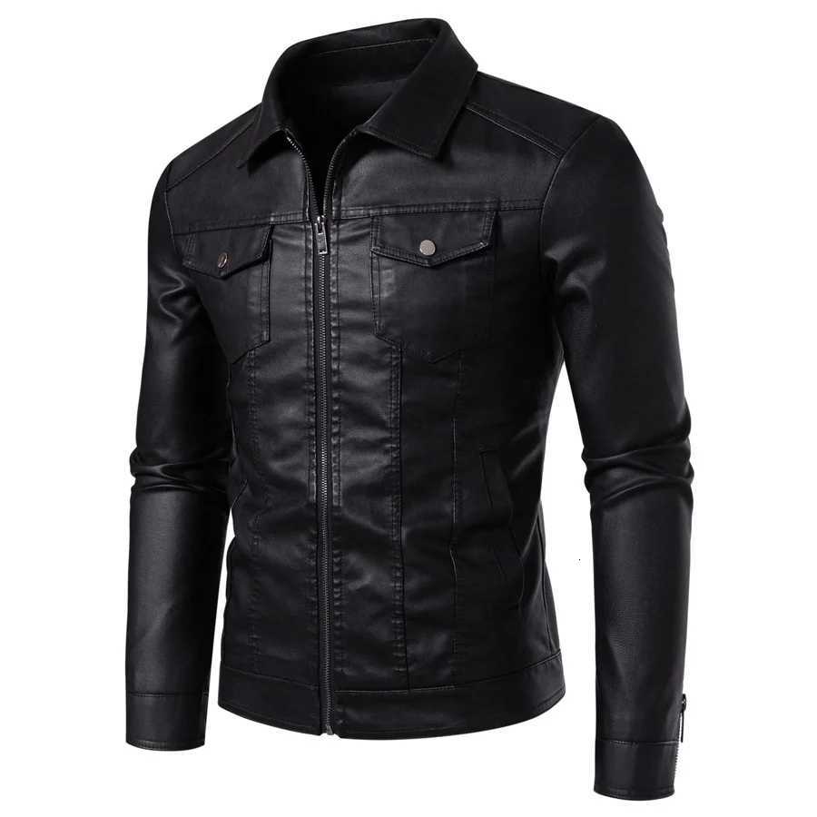 Mens casual PU leather jacket lapel biker jacket fashionable slimfitting mens faux leather shirtstyle jacket W251023