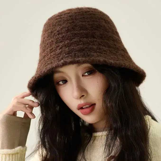 Fishermans Hat for Wen AutumnWinter Knit Bucket Hat FaceSlimming Textured Bucket Hat Warm and SoftW251023