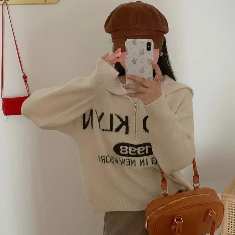 Trend Letter Embroidery Womens Sweater Half Zipper Crew Neck Sweater Woman Autumn Winter Loose Long Sleeve Short Pullovers Lady 251023
