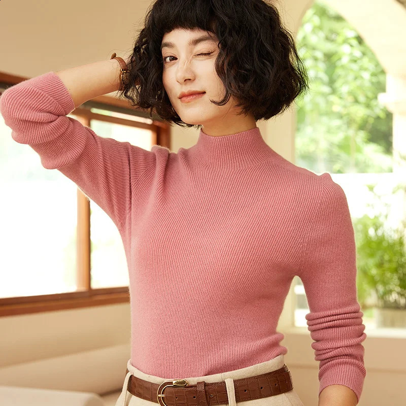 Autumn and winter womens 100 pure cashmere semi high neck pullover sweater knitted slim fit selling top 251016