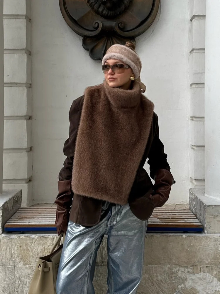 Women Solid Stand Collar Faux Fur Vest Chic High Sleeveless Loose Short Waistcoat Casual Lady Daily Street Vests 251021