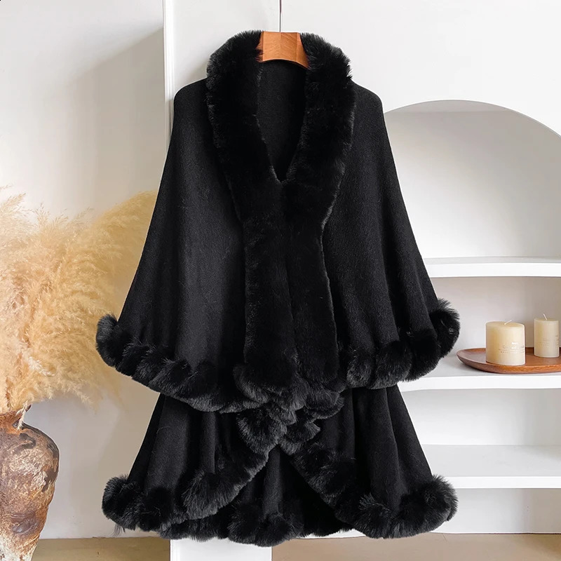 Winter Womens Thicken Mink Wool Full Trims Faux Fur Cape Hooded Loose Fleece Cloak Coat Party Dress Wraps Warm 251022