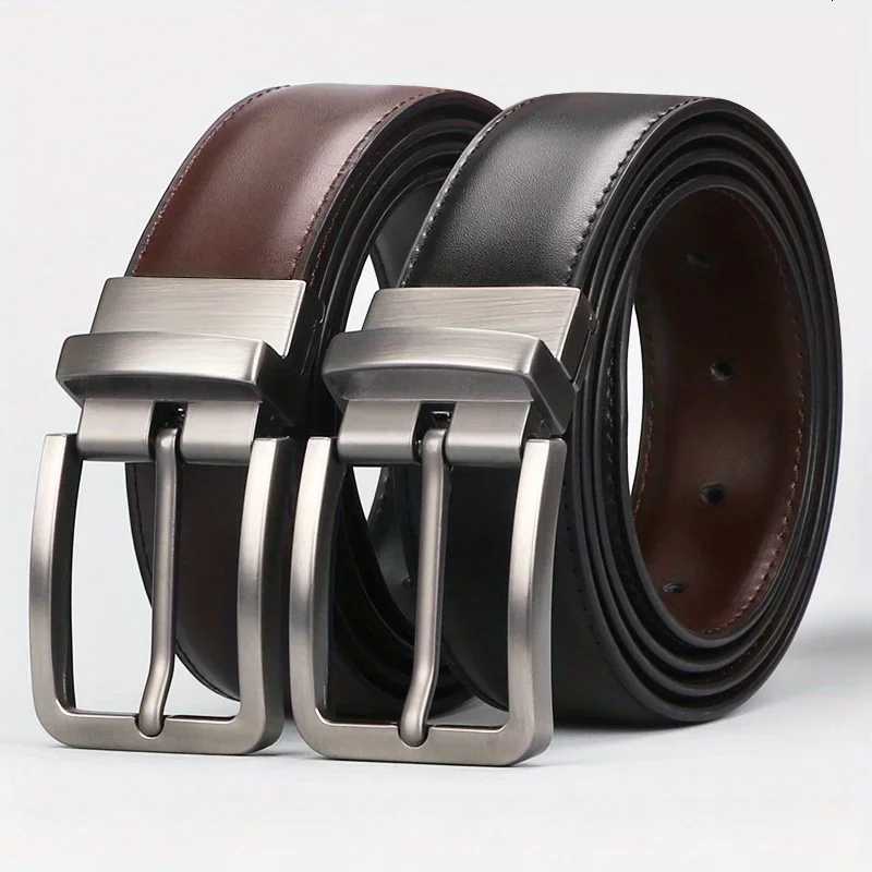 1pc Mens Leather Reversible Belt Rotate Black BuckleXJ251023