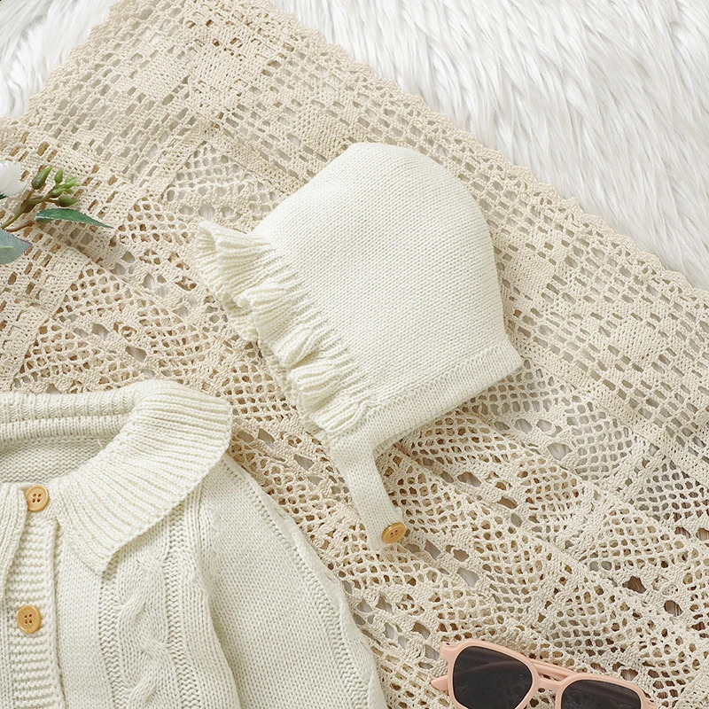 born Baby Romper Knitted Infant Boy Girl Jumpsuit Outfits Long Sleeve Autumn Kid Clothes Hat 2PCS 09M Overalls Fashion Solid 251023