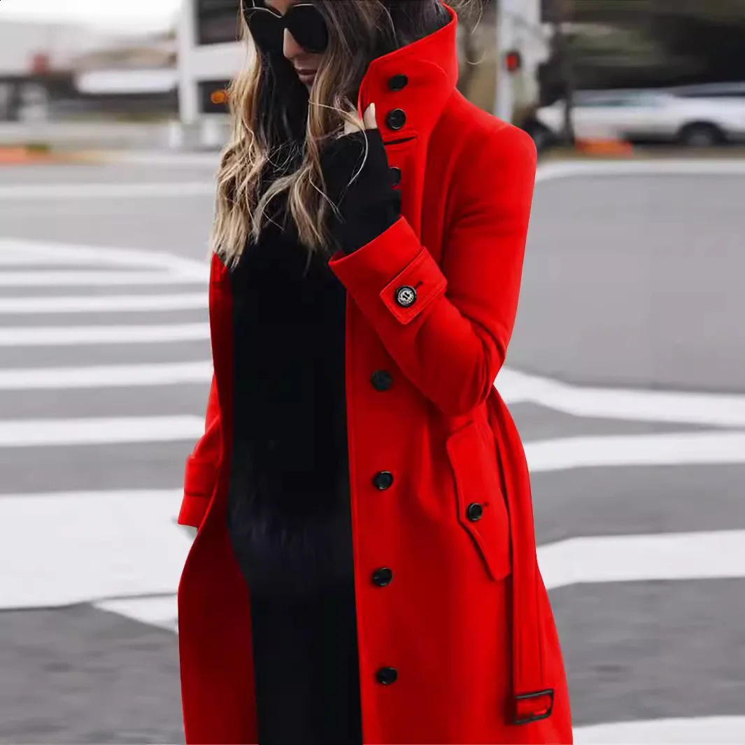 Solid Color Button Long Wool Coat Autumn Warm Stand Collar Women Fashion Ladies High Neck Pocket Belt Trench 251021