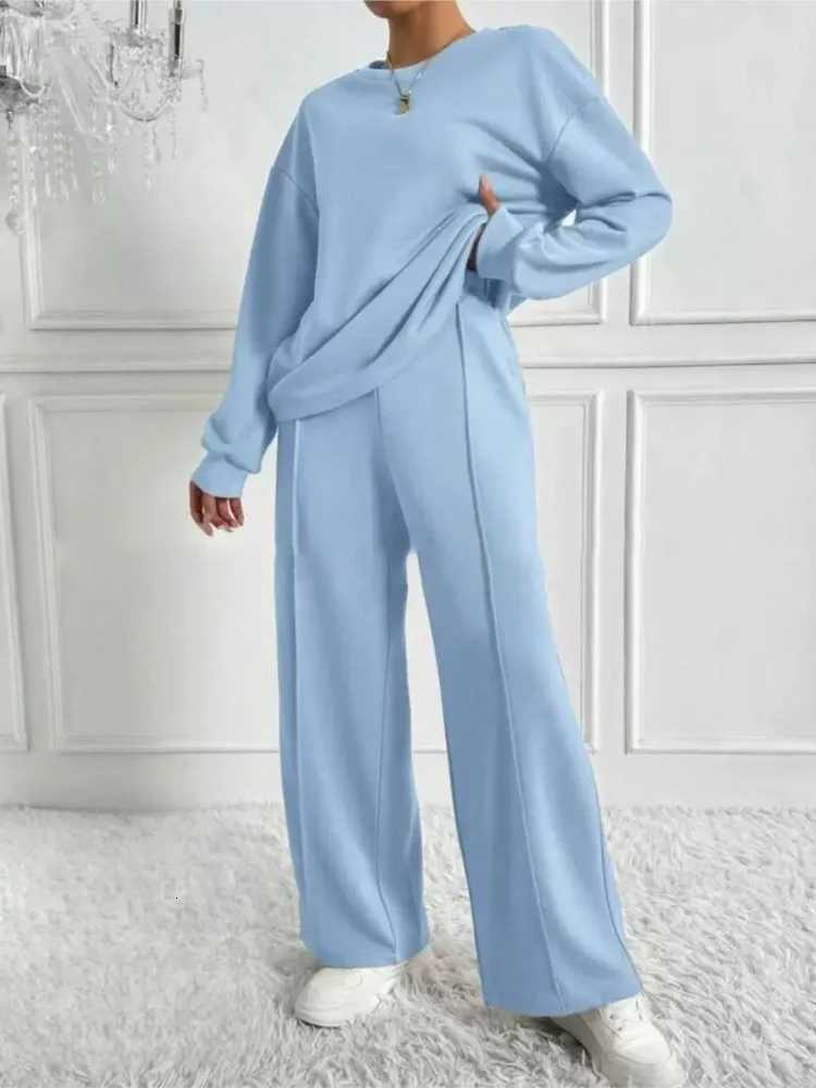 Twopiece Set For Woman Casual Oneck Long Sleeves Sweatshirt Wideleg Pants Suits Autumn Winter Ladies Fashion Office OutfitT251022