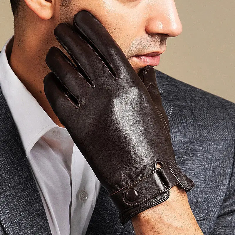 Mens Sheepskin Leather Gloves Fashion Driving Riding Gloves Warm Cashmere Lined Thin Mittens For Male Ideal Gifts For Men 251022