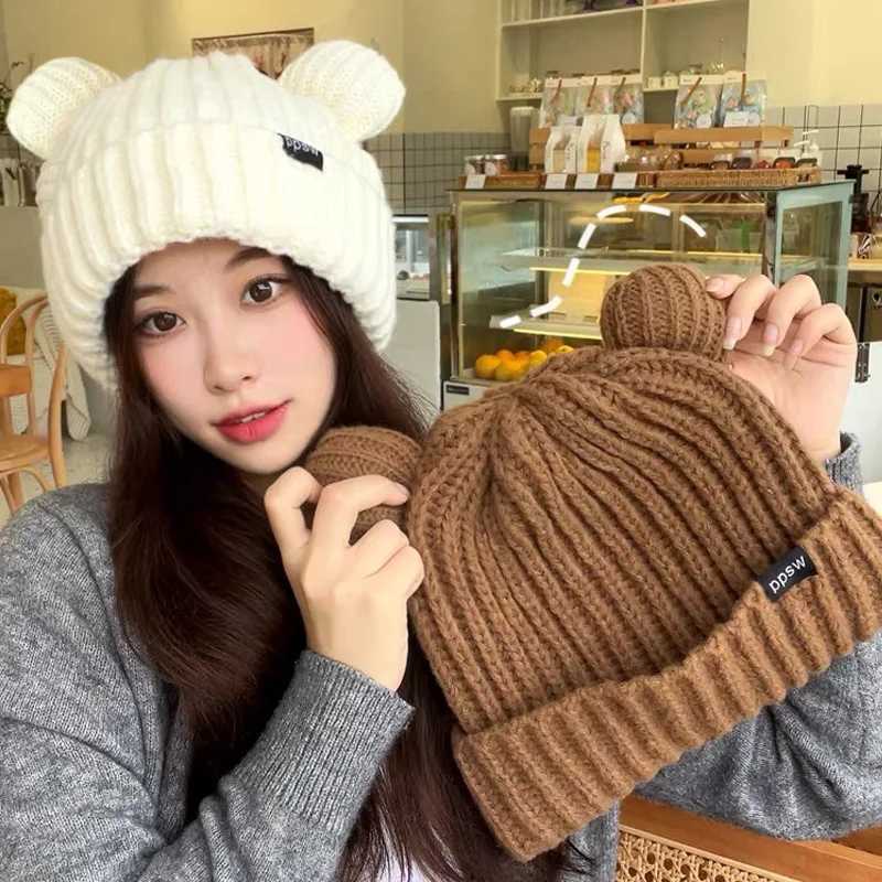 Cute Bear Ear Knitted Wool Hat Women Fashion Hooded Thick Beanies Cap Winter Warm Woolen Hats Designer Kpop Personality BonnetXJ251023