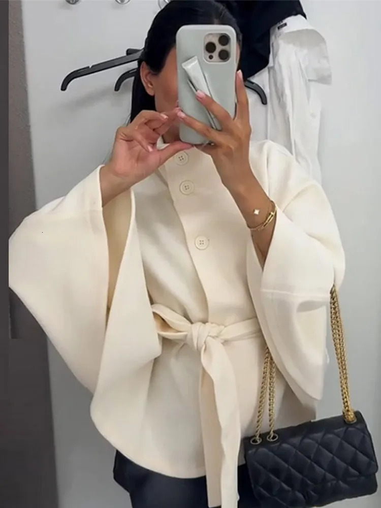 Elegant Lace Up Loose Fit Cape Coat Womens Autumn Winter Oversized High Neck Belted Wrap Jacket Fashion Warm Outerwear Outfit 251016