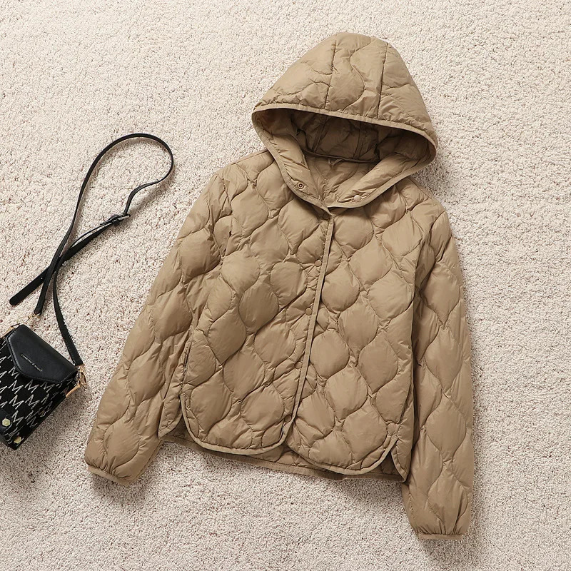 Autumn and Winter Womens Lightweight Down Jacket Fashion Warm Windproof Slim White Duck Down Hooded Mature Womens Jacket 251020