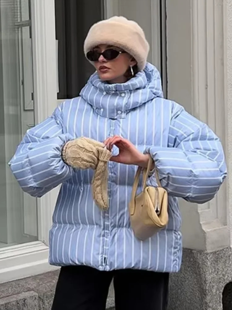 Winter Women Striped Hooded Cotton Jacket Long Sleeve Stand Zipper Buttons Thickening Padded Jackets Casual Office Lady Coat 251021