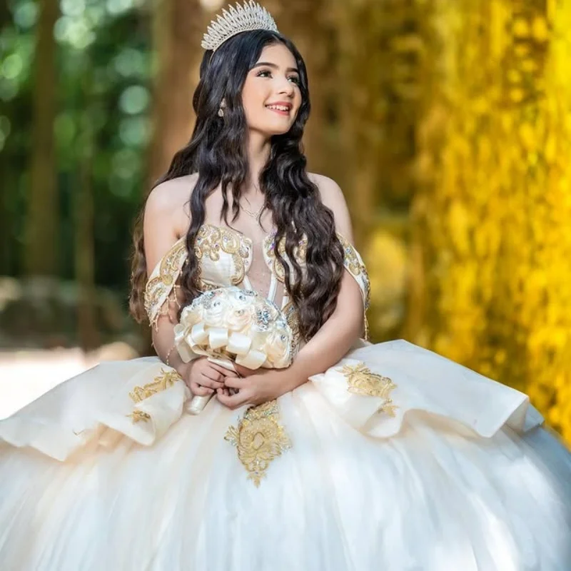 Ivory Shiny Quinceanera Dresses off the shoulder Applique Lace Beading Crystal Tull Bow glitter vestidos de 15 anos sweet 16 dress