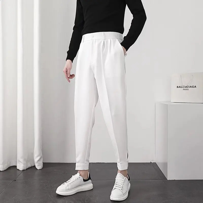 Fashion Men Casual Pants Elastic Waist Small Feet Slim Korean Style Pleated Tapered Male Blazer Trousers Streetwear 251023