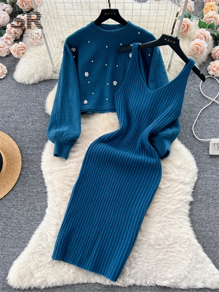 SINGREINY Beading Casual Two Piece Set Women Long Sleeve O Neck Pullover Midi Dress Fashion Winter Sweater Suit Dresses 251022