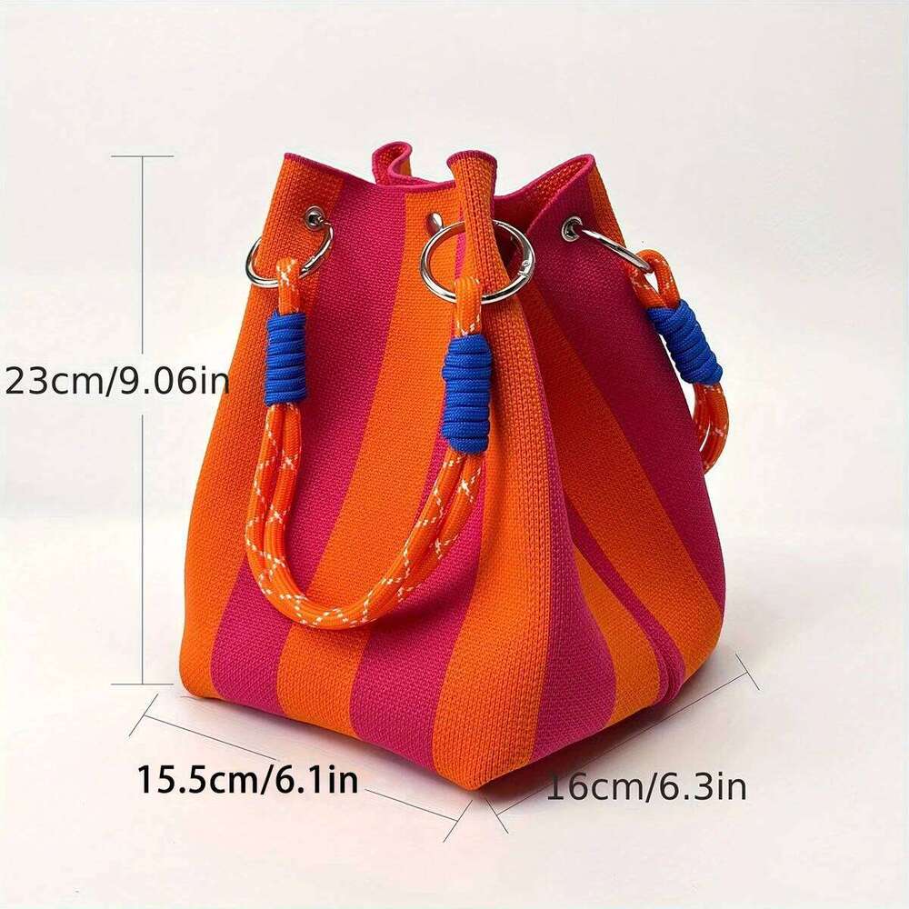 This multi-color knitted retro bucket handbag is simple color-blocked, versatile and easy to carry with you