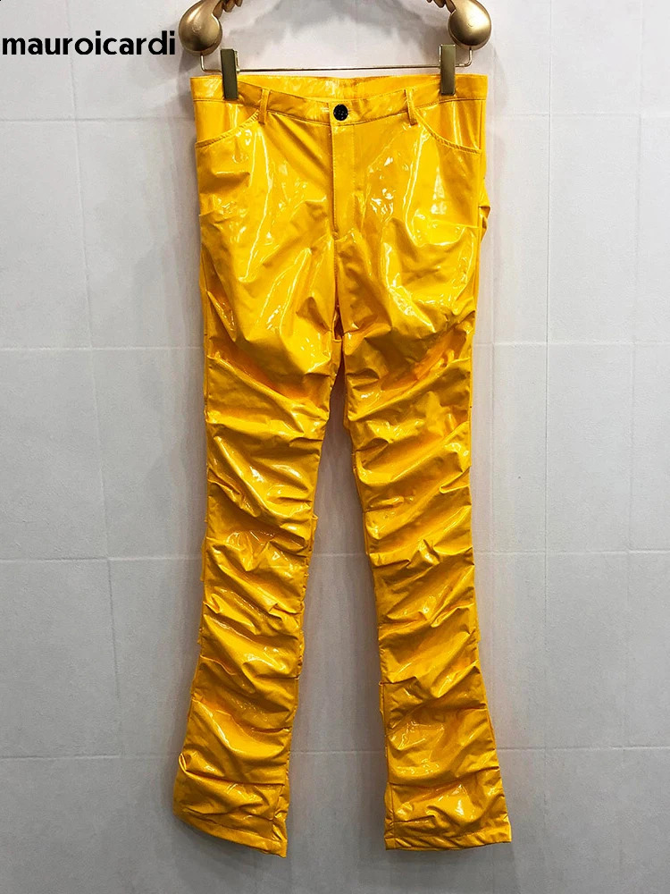 Mauroicardi Spring Autumn Yellow Blue Shiny Reflective Stretchy Soft PVC Faux Leather Stacked Pants for Men Y2K Streetwear 251023