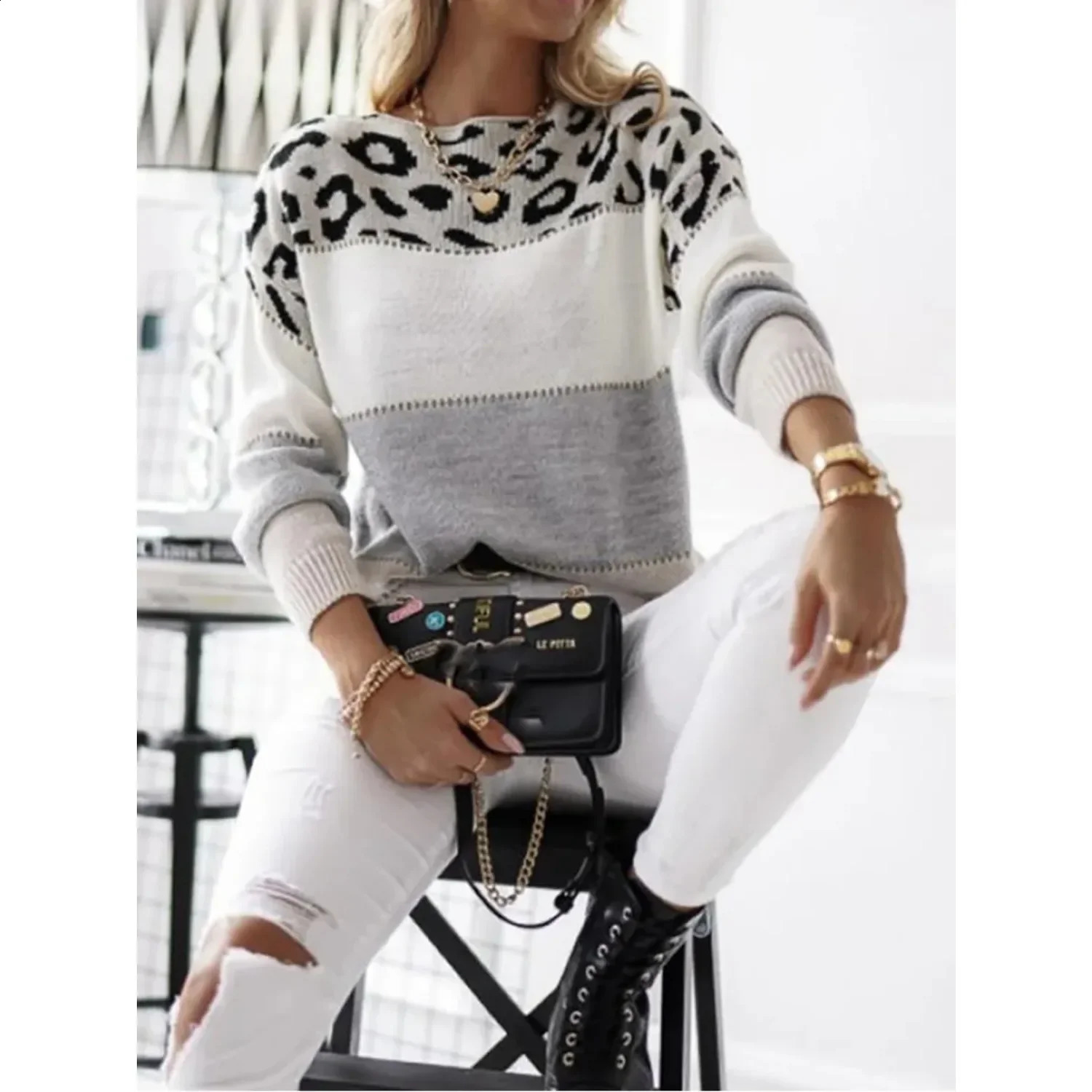 2025 Women Leopard Sweater Fashion Long Sleeve Tops Knitted Pullovers Pink KnitwearsWomens Autumn Winter Clothes for 251016