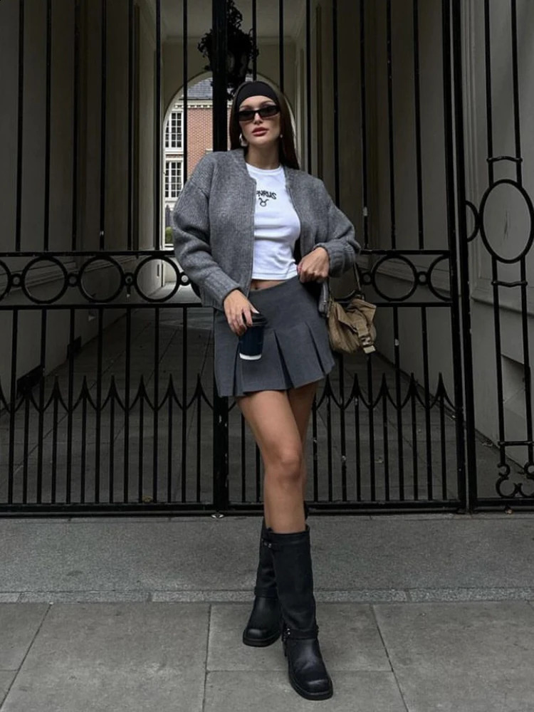 Womens Solid Colour Round Neck Cardigan Sweater High Street Casual Long Sleeve Zip Knit Jacket Autumn Winter 251018