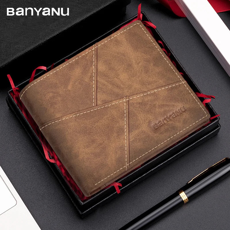 BANYANU 2024 Mens Wallet Mens Genuine Leather RFID AntiTheft Brush Retro Top Layer Cowhide Short Wallet Foreign Trade Bag251023