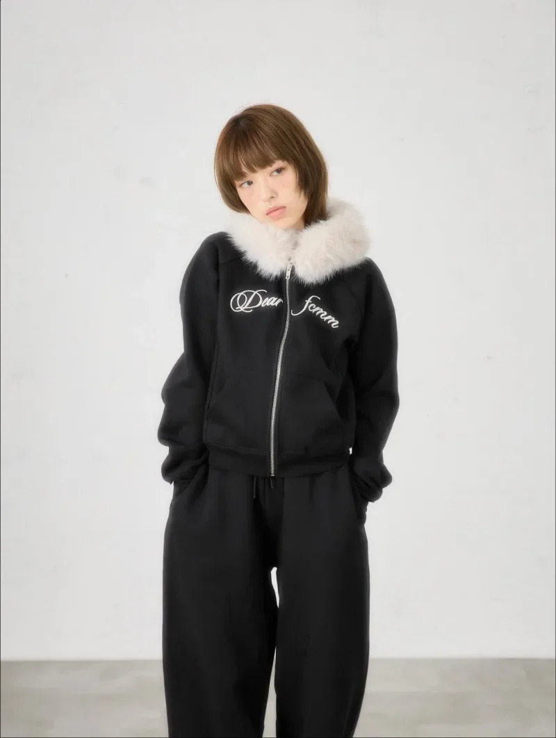chic Harajuku Y2K Fur Collar Zipper Hoodie Women Gothic Punk Streetwear Trendy Retro Letter Embroidery casual Warm Sweatshirt 251022