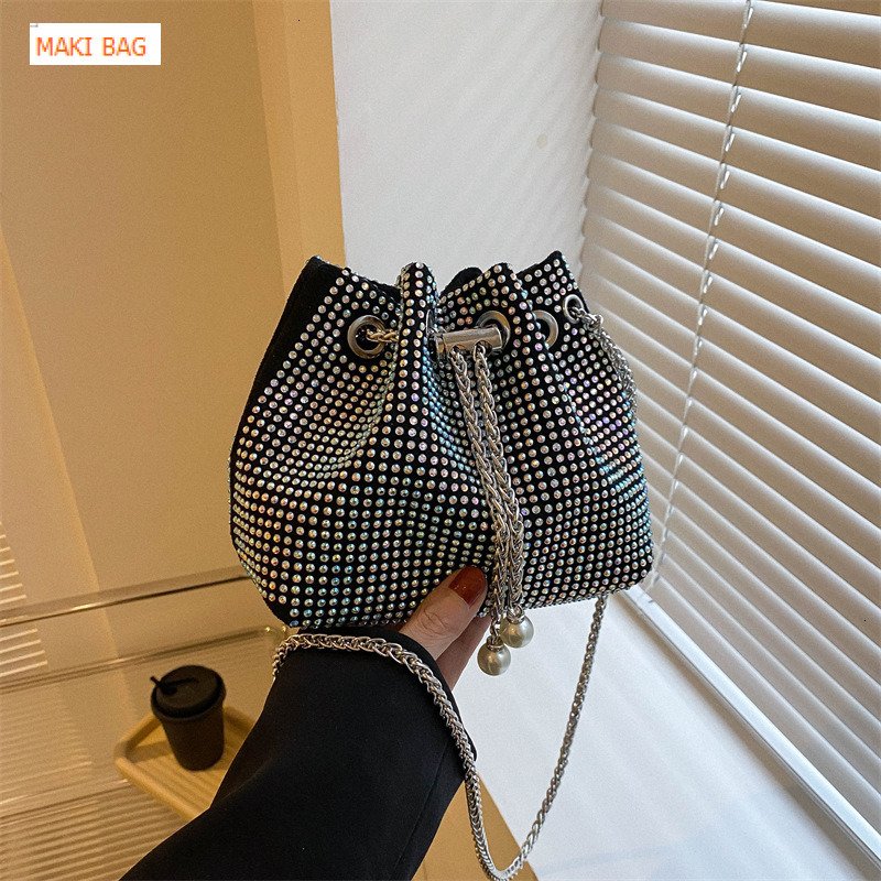 Diamond nail pull rope women's bucket shaped bag, shiny diamond rhinestone full diamond bag, hot selling high-end chain crossbody bag, designer b