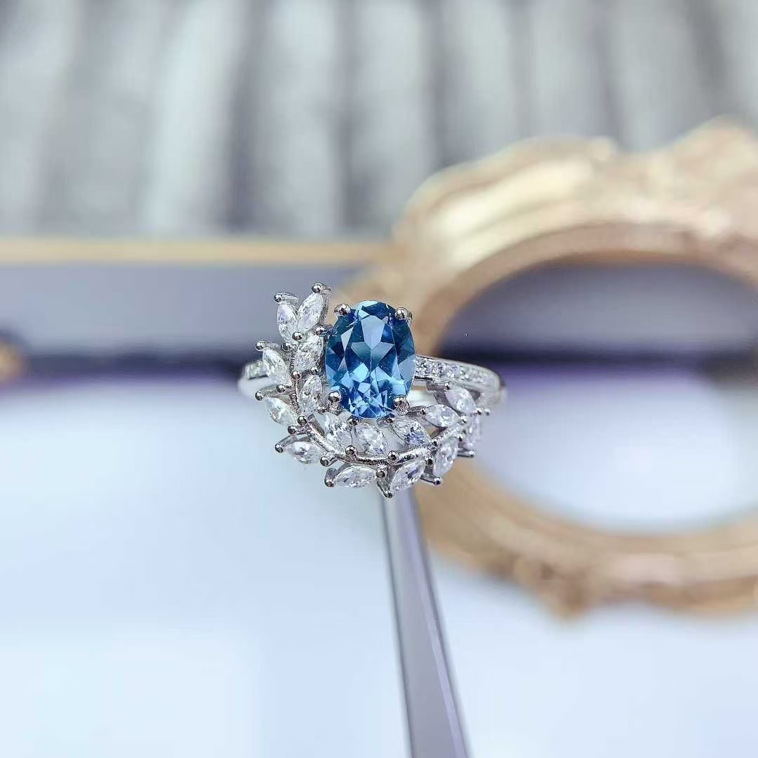 London blue topaz ring real 925 silver gemstone jewelry with 18K gold plating 6mm*8mm 1ct natural topaz silver ring with certificate