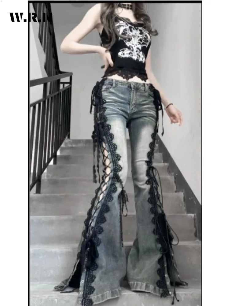Retro Eyelets Lace Up Flare Jeans Stitch Whiskers Slim Low Rise Split Bootcut Pants Women Bell Bottoms Streetwear 251022
