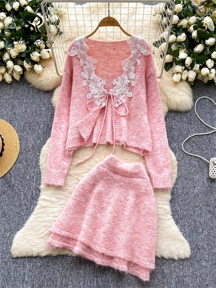 SINGREINY Autumn Cashmere Two Piece Suits Lace Splice V Neck CardiganMini Bodycon Skirt Women Fashion Thick Wool Sweater Sets 251022