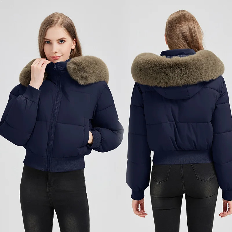 Thicken Short Womens Winter Jacket Korean Style Down Cotton Coat Casual Warm Fur Hooded Cropped Parkas Chic Streetwear 251022