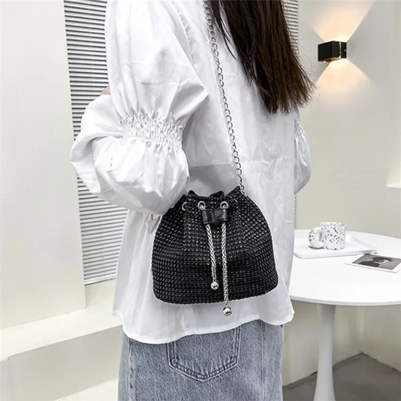 Sparkling Embellished Drawstring Crossbody Bag for Women MultiFunctional Bucket Purse with Detachable Chain Strap 251018
