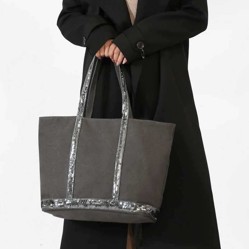Sequin Canvas Zipped Tote BagLarge Capacity Vintage Contrast Color Women Shoulder BagDesigner Commuter Everyday HandbagBlackL251023