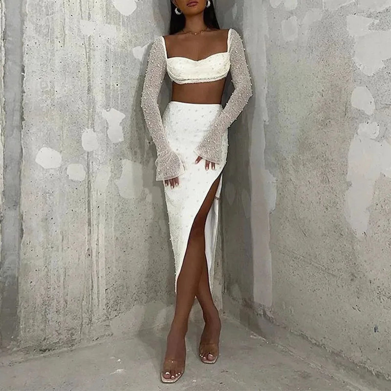 Women Fashion Split Slim Club Party Sets Elegant Beaded Solid Skirt Outfits Sexy Square Collar Crop Tops Long 2Pc Suit 251022