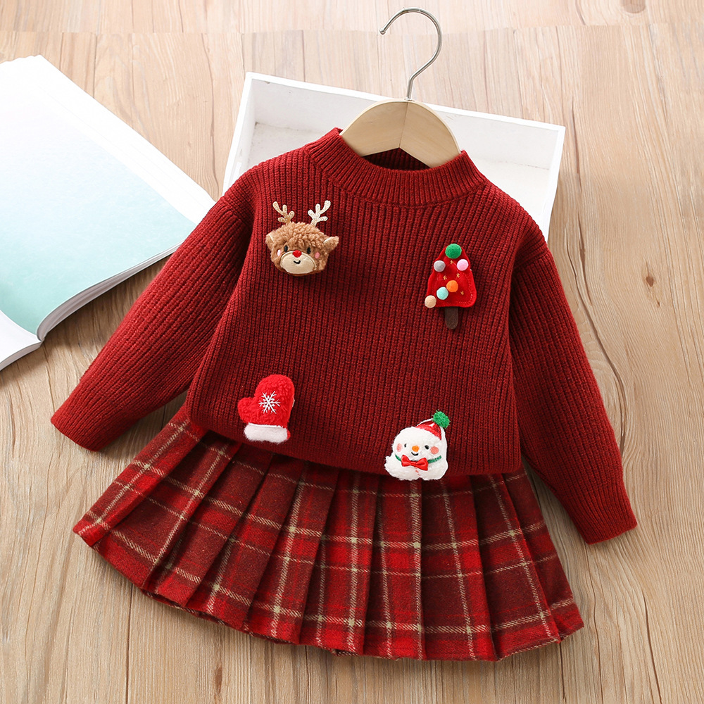 Girl's New Year Designer Fashion Sweater Set Autumn/Winter New Cute Cartoon Christmas Red Hoodie Knitted Sweater Checkered Short Skirt Two Piece 