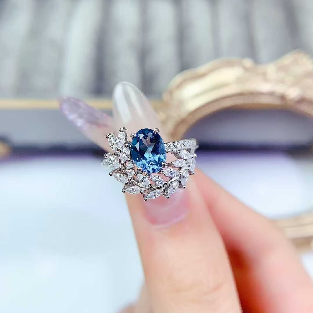 London blue topaz ring real 925 silver gemstone jewelry with 18K gold plating 6mm*8mm 1ct natural topaz silver ring with certificate