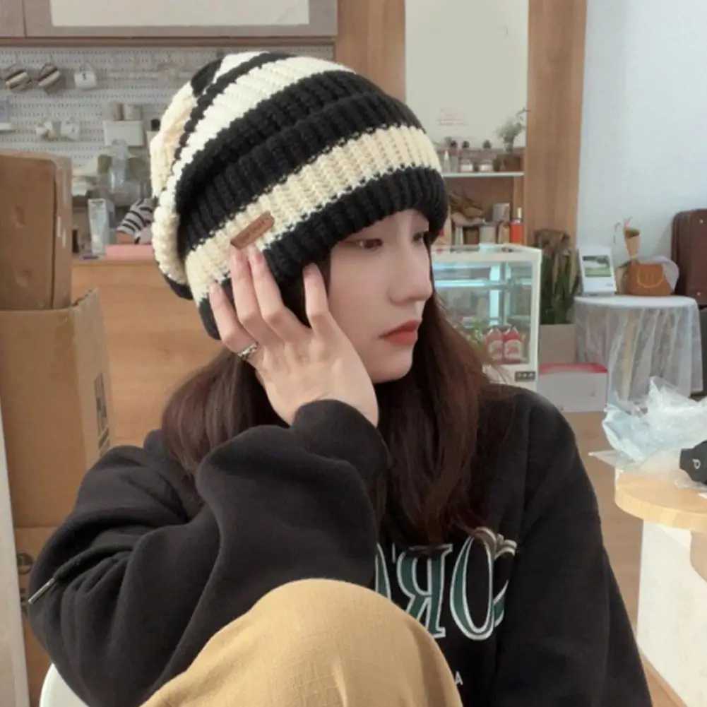 Striped Beanie Winter Hats For Women Knitted Retro Thickened Warm Baggy Cap Trendy Windproof Ear Protect Bonnet Female NewXJ251023