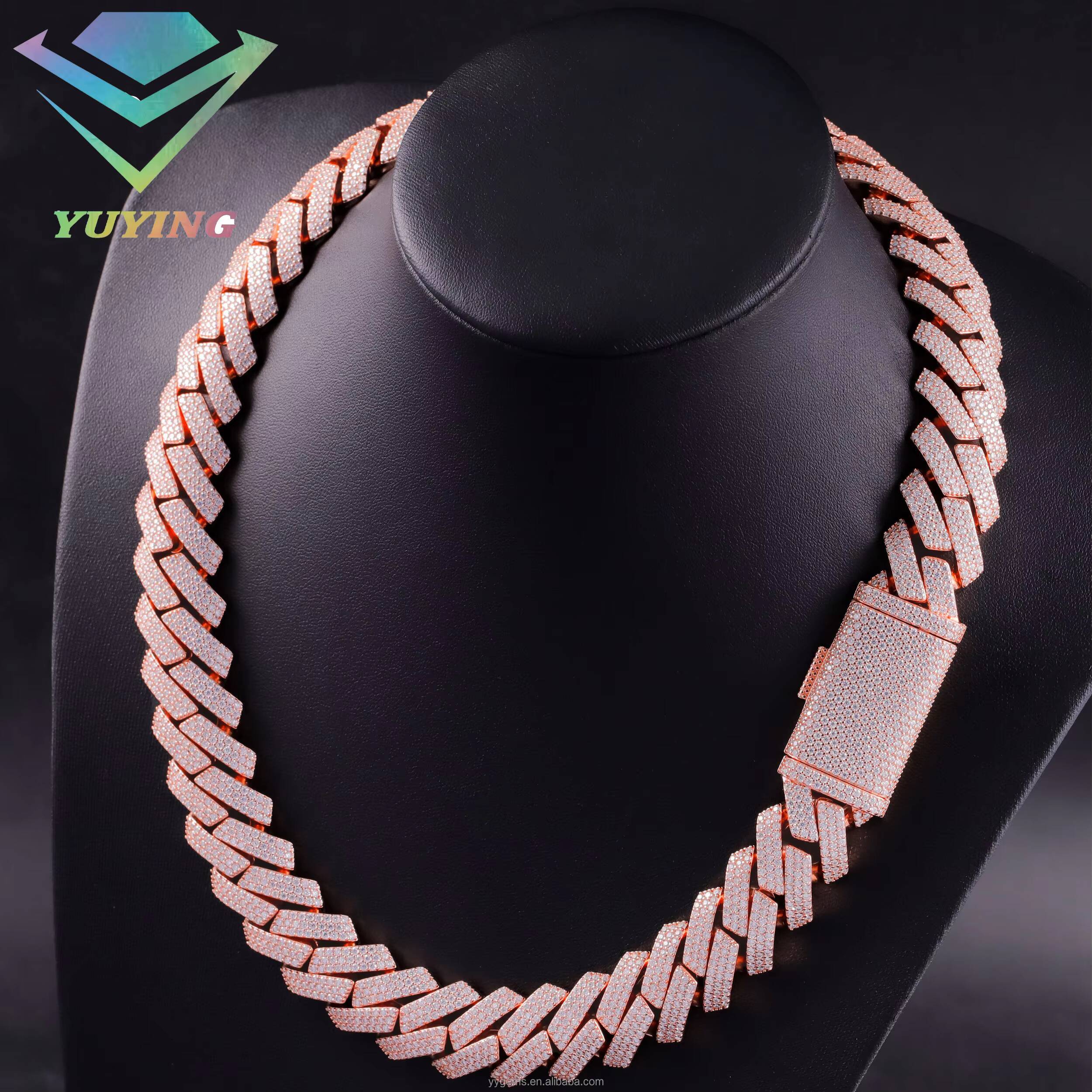20mm Rose Gold 3rows Cuban Chain S925 Silver Gold Plated Cuban Chain Iced Out Moissanite Hip Hop Link Chains