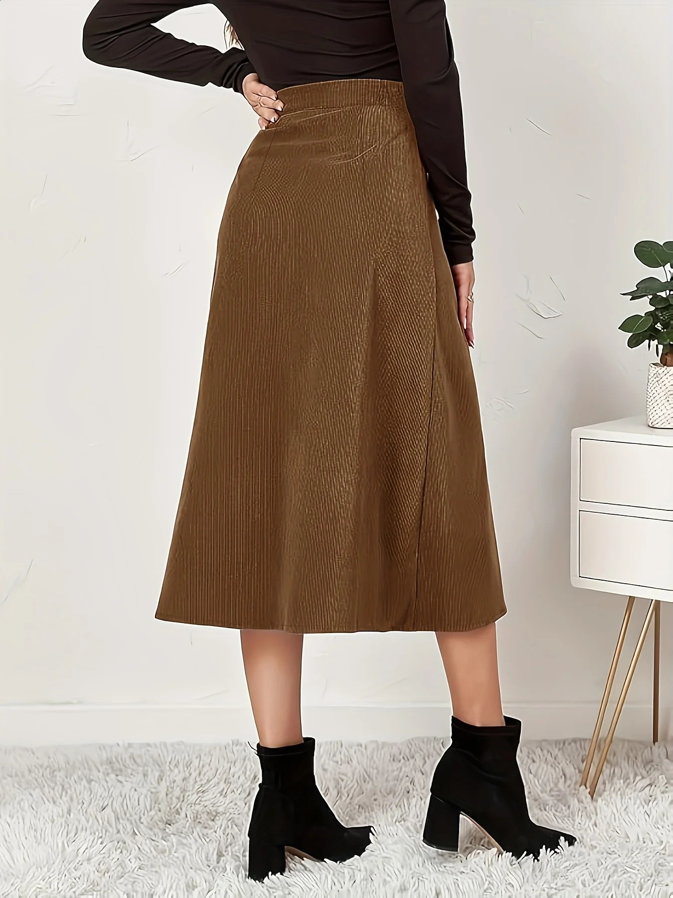 Dark brown Elegant woven half skirt for women plus size high waist Aline casual business womens 251022