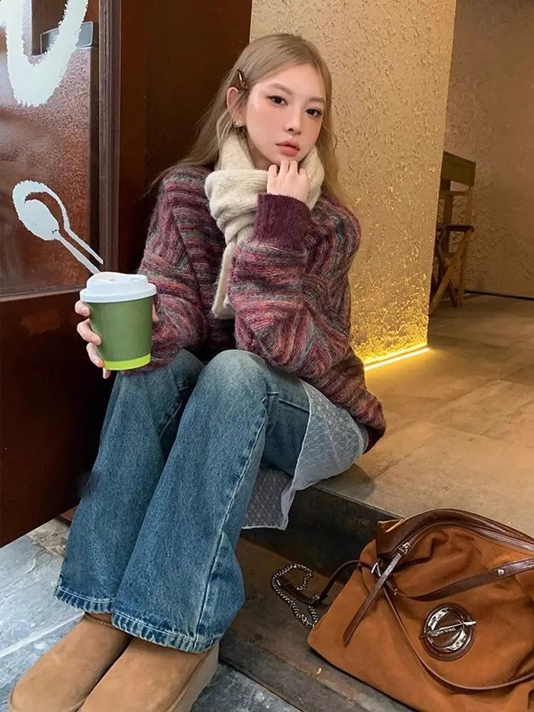 American Retro Striped O Neck Sweater Women Winter Y2k Knitwear Loose Fit Sweater Pullover LongSleeve Oversized Tops Streetwear 251023