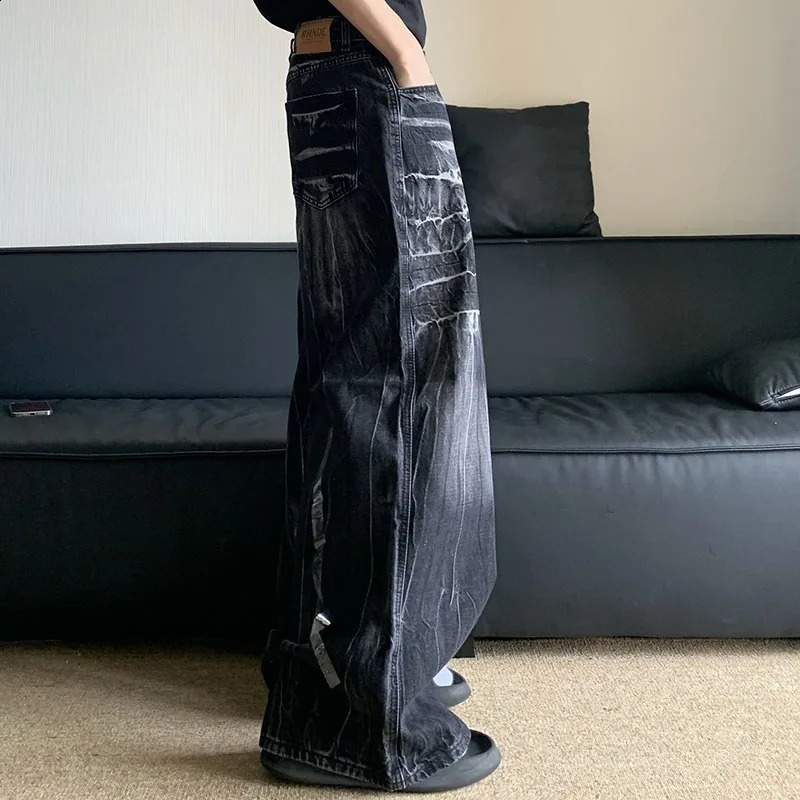 Autumn Winter Korean Vintage Jeans Lightning Pattern n MenS Loose Straight Leg Pants Casual Fashion Black 251018